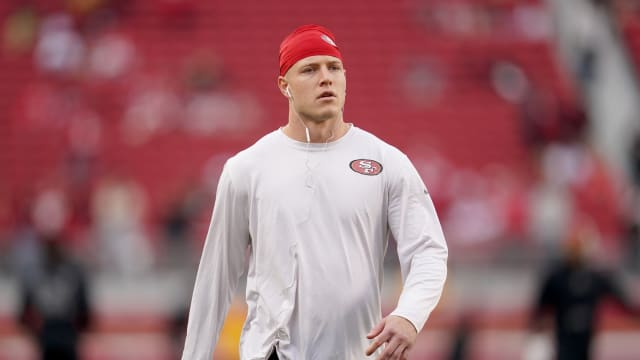 Dec 25, 2023; Santa Clara, California, USA; San Francisco 49ers running back Christian McCaffrey (23) walks on the field before the start of the game against the Baltimore Ravens at Levi's Stadium. Mandatory Credit: Cary Edmondson-USA TODAY Sports
